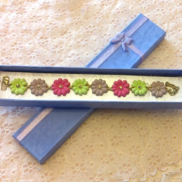 Vintage New Green Pink Gray Art Deco Multi Floral Charms Silver Bangle Bracelet - Picture 4 of 6